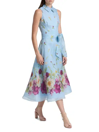 Teri Jon by Rickie Freeman Women's Floral Silk-Linen Fit & Flare Midi-Dress - Light Blue Multi | Thumbnail 4