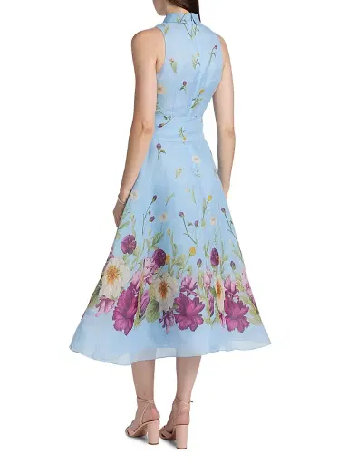 Teri Jon by Rickie Freeman Women's Floral Silk-Linen Fit & Flare Midi-Dress - Light Blue Multi | Thumbnail 5