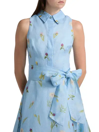Teri Jon by Rickie Freeman Women's Floral Silk-Linen Fit & Flare Midi-Dress - Light Blue Multi | Thumbnail 6