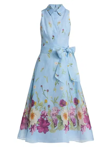 Teri Jon by Rickie Freeman Women's Floral Silk-Linen Fit & Flare Midi-Dress - Light Blue Multi | Thumbnail 1