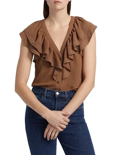 Ramy Brook Women's Stitch Cap-Sleeve Lettie Ruffled Blouse - Baja Brown | Thumbnail 3