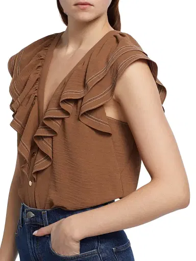 Ramy Brook Women's Stitch Cap-Sleeve Lettie Ruffled Blouse - Baja Brown | Thumbnail 6