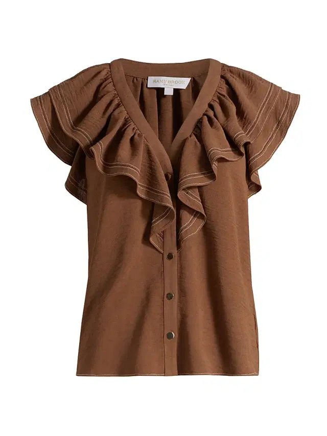 Ramy Brook Women's Stitch Cap-Sleeve Lettie Ruffled Blouse - Baja Brown