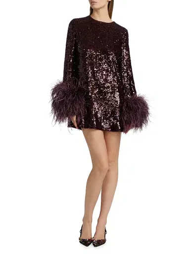 LAPOINTE Women's Feather Trim Sequin Long-Sleeve Minidress - Mulberry | Thumbnail 2 LAPOINTE Women's Feather Trim Sequin Long-Sleeve Minidress - Mulberry | Thumbnail 2