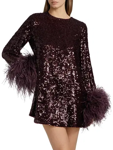 LAPOINTE Women's Feather Trim Sequin Long-Sleeve Minidress - Mulberry | Thumbnail 3 LAPOINTE Women's Feather Trim Sequin Long-Sleeve Minidress - Mulberry | Thumbnail 3