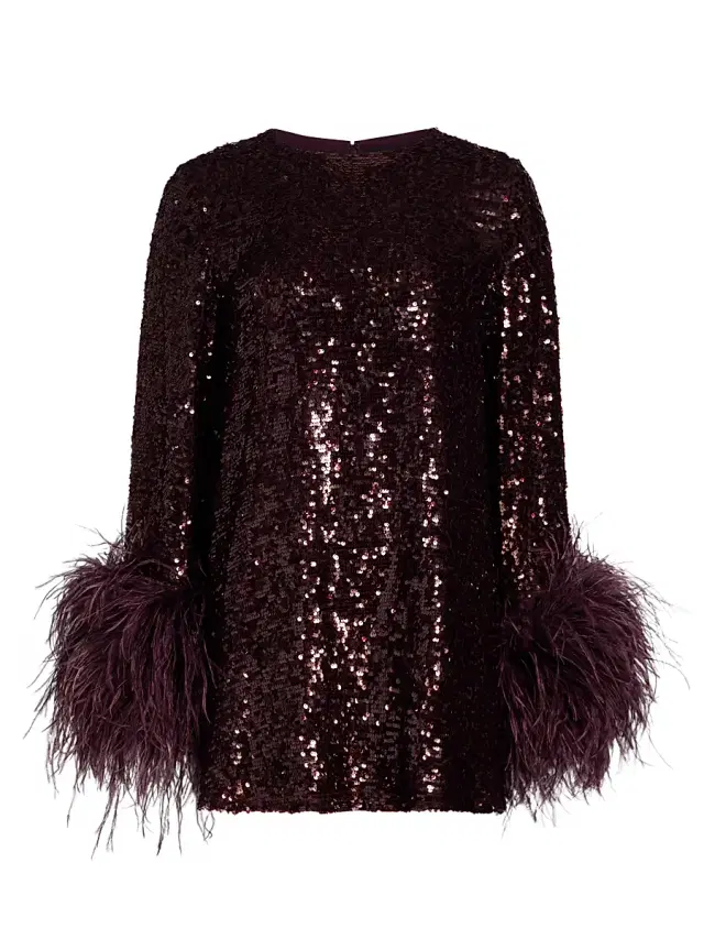 Women's Feather Trim Sequin Long-Sleeve Minidress - Mulberry