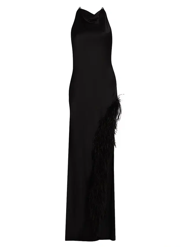 Women's Feather Trim Satin Column Gown - Black