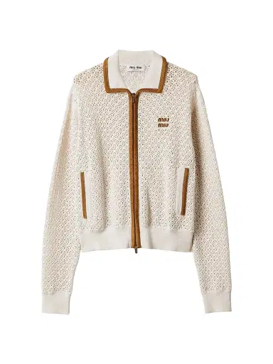 Miu Miu Women's Cotton and Suede Cardigan - Beige Khaki - Size 8 | Thumbnail 1 Miu Miu Women's Cotton and Suede Cardigan - Beige Khaki - Size 8 | Thumbnail 1