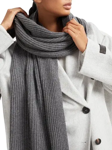 Brunello Cucinelli Women's Cashmere English Rib Knit Scarf with Monili Grey | Thumbnail 2 Brunello Cucinelli Women's Cashmere English Rib Knit Scarf with Monili Grey | Thumbnail 2