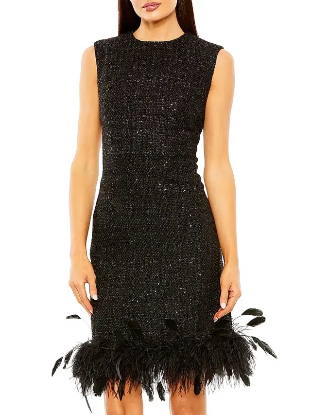 Mac Duggal Women's Ieena 2 Feather-Trimmed Tweed Sheath Midi-Dress - Black