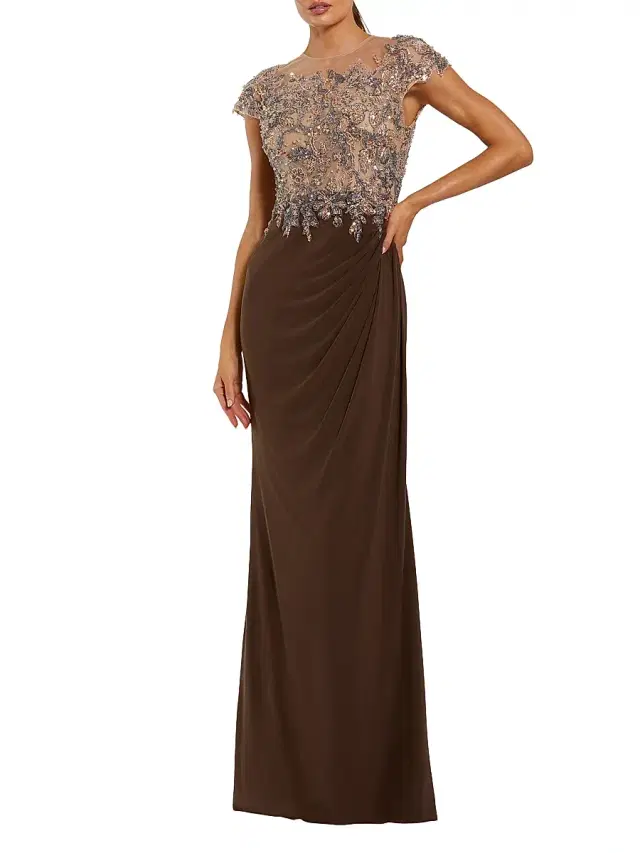 Women's Evening Crystal-Embellished Jersey Gown - Chocolate