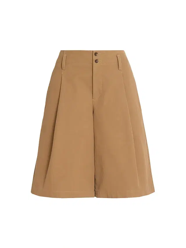 Women's Pleated Cotton Shorts - Mustard Brown