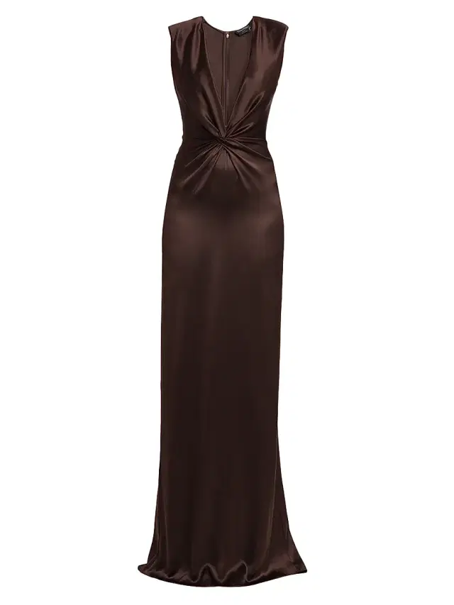Women's Satin Silk Twist Column Gown - Golden Brown