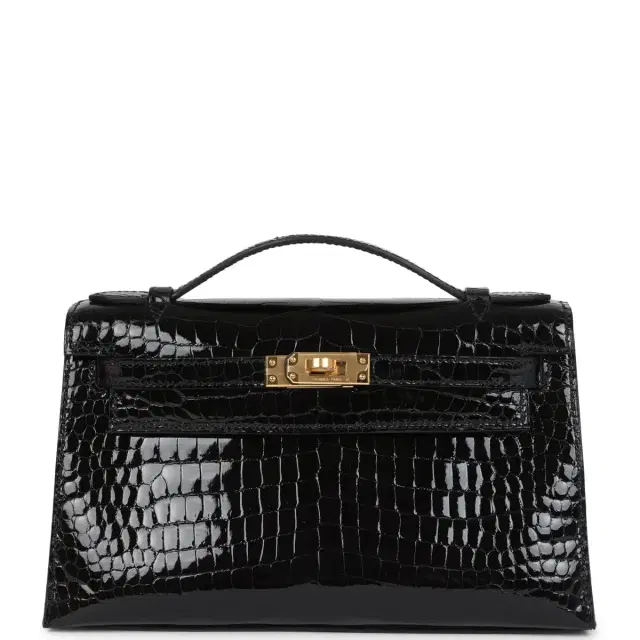 Hermes Kelly Pochette Black Shiny Porosus Crocodile Gold Hardware