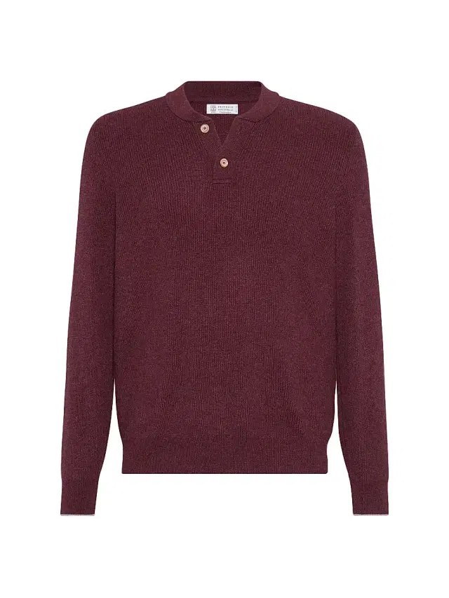 Brunello Cucinelli Men's Cashmere English Rib Sweater with Henley Collar - Amaranth Red