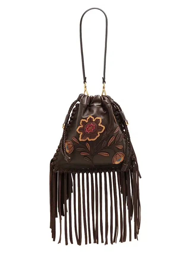 Women's  Kalispera Embroidered Leather Shoulder Bag - Marrone Scuro