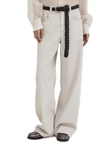Brunello Cucinelli Women's Stretch Dyed Denim Loose Barrel Trousers - Cool Beige | Thumbnail 2 Brunello Cucinelli Women's Stretch Dyed Denim Loose Barrel Trousers - Cool Beige | Thumbnail 2