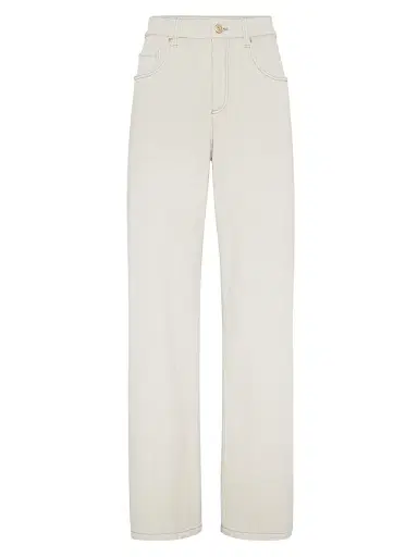 Brunello Cucinelli Women's Stretch Dyed Denim Loose Barrel Trousers - Cool Beige | Thumbnail 1 Brunello Cucinelli Women's Stretch Dyed Denim Loose Barrel Trousers - Cool Beige | Thumbnail 1