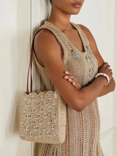 Rabanne Leather-trimmed Embellished Woven Raffia Shoulder Bag | Thumbnail 2