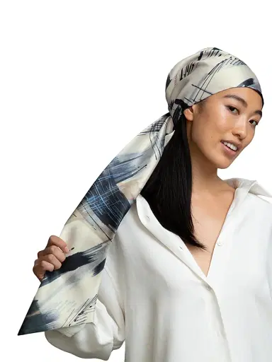Eugenia Kim Women's Gigi Printed Satin Headscarf - Ivory Beige Navy | Thumbnail 4 Eugenia Kim Women's Gigi Printed Satin Headscarf - Ivory Beige Navy | Thumbnail 4