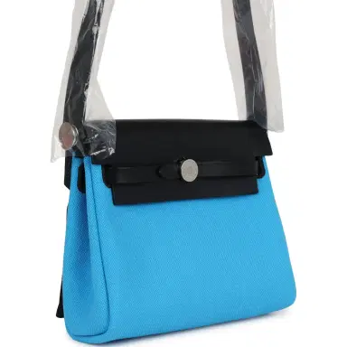 HERMÈS Hermes Herbag Zip 20 Mini Bleu Riviera Toile H Canvas and Black Vache Hunter Palladium Hardware | Thumbnail 2