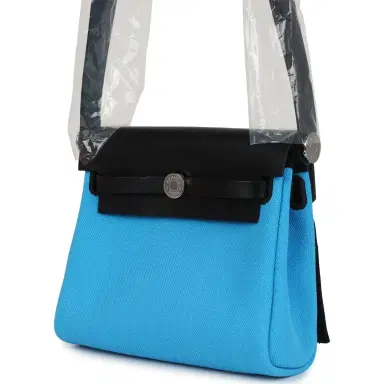 HERMÈS Hermes Herbag Zip 20 Mini Bleu Riviera Toile H Canvas and Black Vache Hunter Palladium Hardware | Thumbnail 5