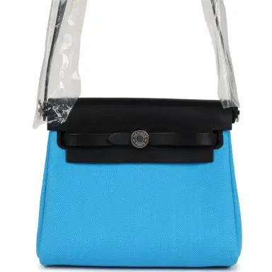 HERMÈS Hermes Herbag Zip 20 Mini Bleu Riviera Toile H Canvas and Black Vache Hunter Palladium Hardware | Thumbnail 1