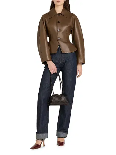 Bottega Veneta Women's Sculpted Leather Jacket - Dark Moss - Size 6 | Thumbnail 2 Bottega Veneta Women's Sculpted Leather Jacket - Dark Moss - Size 6 | Thumbnail 2