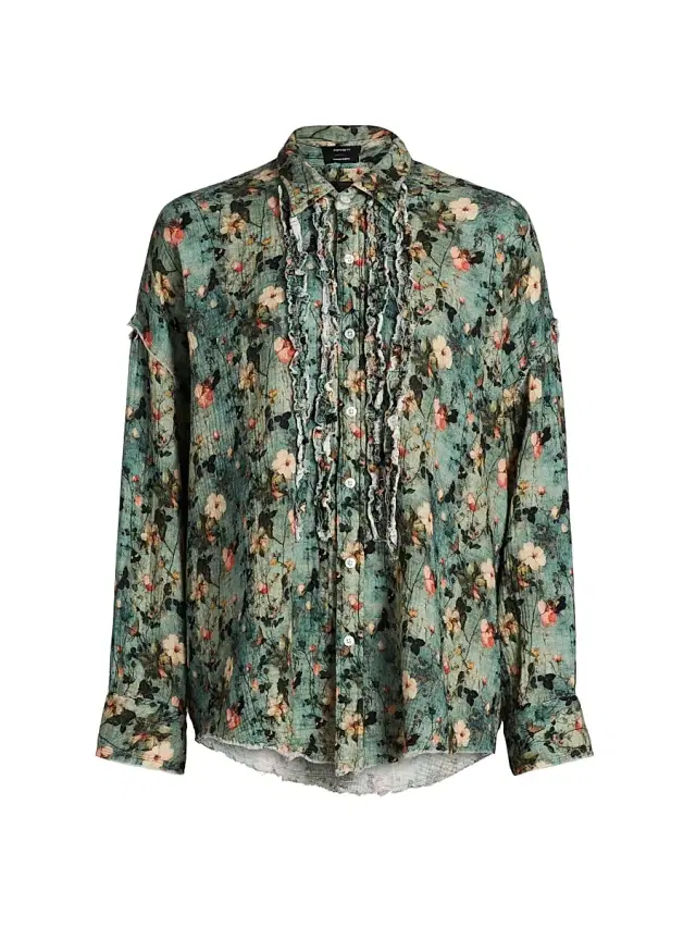 R13 Women's Floral Ruffled Cotton Button-Front Shirt - Turquoise Floral