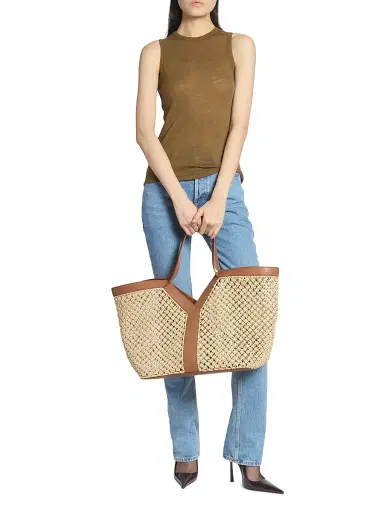 Saint Laurent Women's Y Tote Bag in Raffia - Natural And Brick | Thumbnail 2 Saint Laurent Women's Y Tote Bag in Raffia - Natural And Brick | Thumbnail 2
