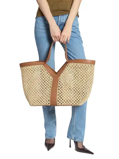 Saint Laurent Women's Y Tote Bag in Raffia - Natural And Brick | Thumbnail 3 Saint Laurent Women's Y Tote Bag in Raffia - Natural And Brick | Thumbnail 3
