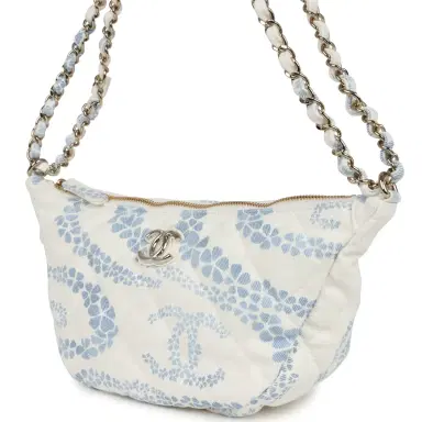 Chanel Chanel Large Coco Beach Hobo Bag in White and Blue Denim Light Gold Hardware | Thumbnail 5