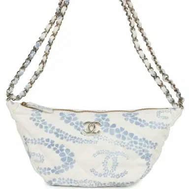 Chanel Chanel Large Coco Beach Hobo Bag in White and Blue Denim Light Gold Hardware | Thumbnail 1