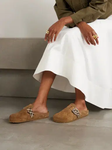 Burberry Urchin Canvas-jacquard Trimmed Textured-suede Clogs | Thumbnail 2 Burberry Urchin Canvas-jacquard Trimmed Textured-suede Clogs | Thumbnail 2