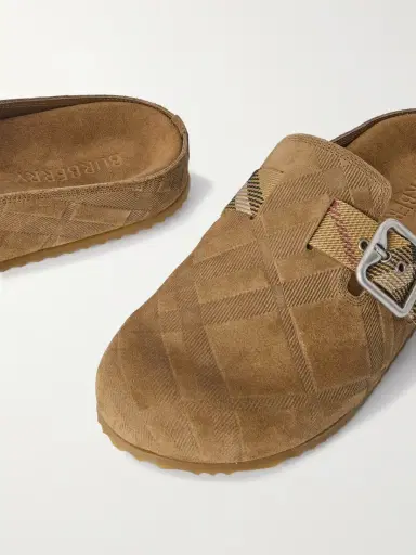 Burberry Urchin Canvas-jacquard Trimmed Textured-suede Clogs | Thumbnail 4 Burberry Urchin Canvas-jacquard Trimmed Textured-suede Clogs | Thumbnail 4