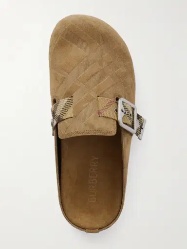Burberry Urchin Canvas-jacquard Trimmed Textured-suede Clogs | Thumbnail 5 Burberry Urchin Canvas-jacquard Trimmed Textured-suede Clogs | Thumbnail 5