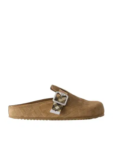 Burberry Urchin Canvas-jacquard Trimmed Textured-suede Clogs | Thumbnail 1 Burberry Urchin Canvas-jacquard Trimmed Textured-suede Clogs | Thumbnail 1