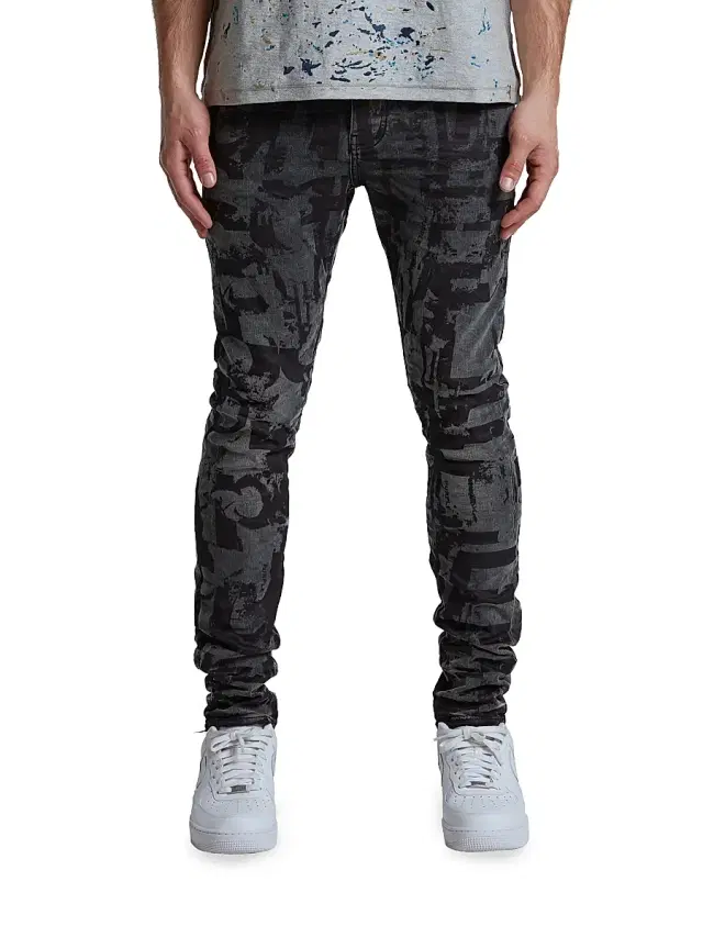Men's P001 Grunge Print Skinny Jeans - Black