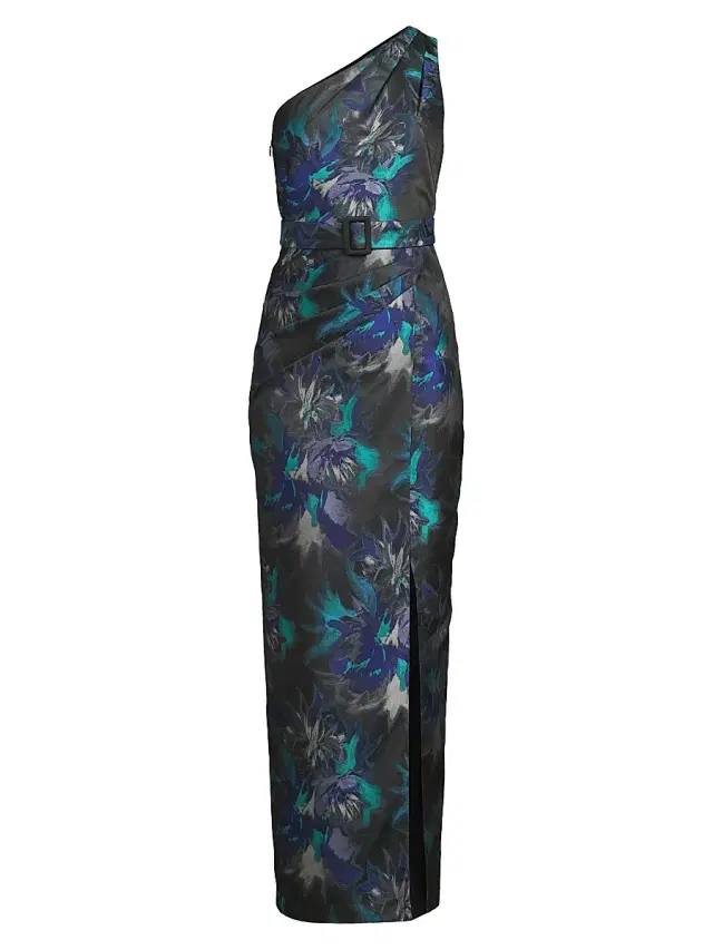 Aidan Mattox Women's Floral Jacquard Belted One-Shoulder Gown - Blue Multi