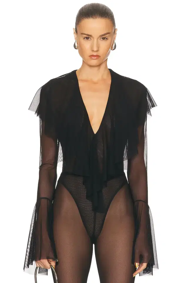 Norma Kamali Long Sleeve Deep V Ruffle Bodysuit
