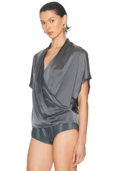 LaPointe Satin Short Sleeve Wrap Top | Thumbnail 3