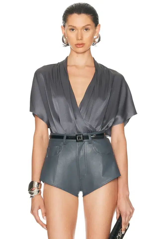 LaPointe Satin Short Sleeve Wrap Top