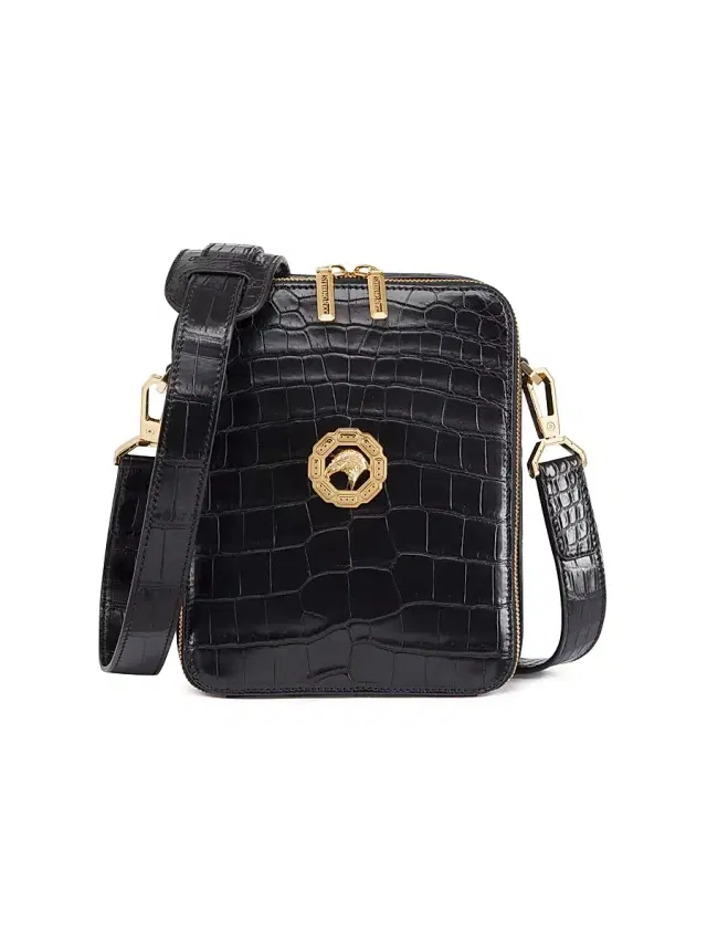 Men's Crocodile Leather Messenger Bag - Black