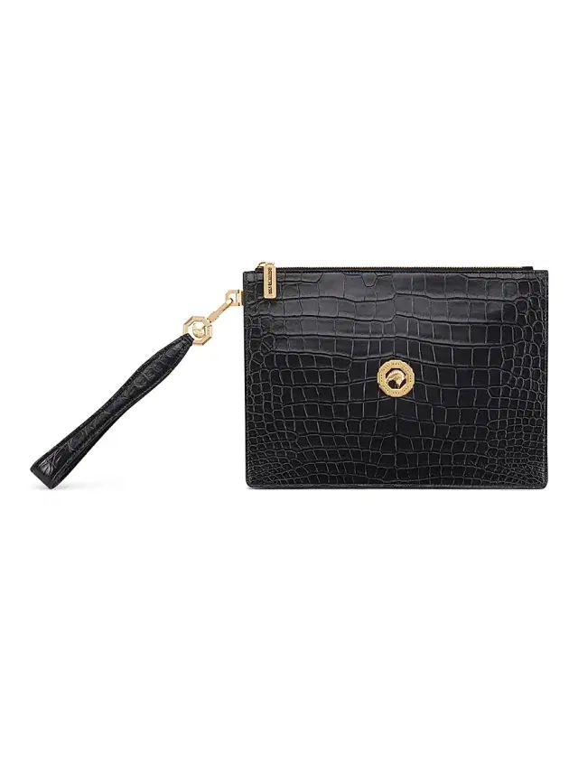 Men's Matted Crocodile Leather Portfolio Bag - Black