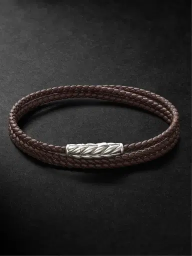 David Yurman Chevron Braided Leather and Sterling Silver Wrap Bracelet - Men | Thumbnail 1