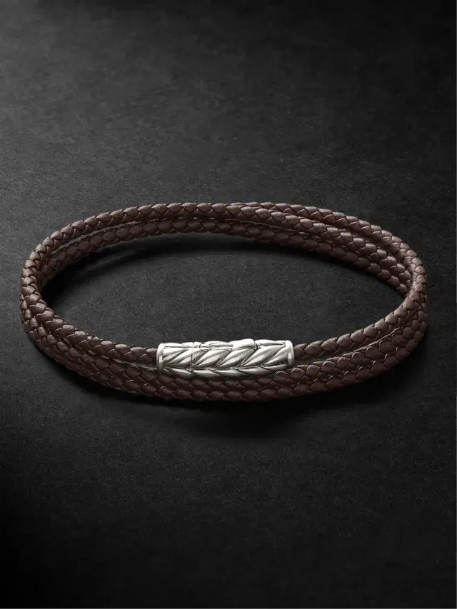 David Yurman Chevron Braided Leather and Sterling Silver Wrap Bracelet - Men