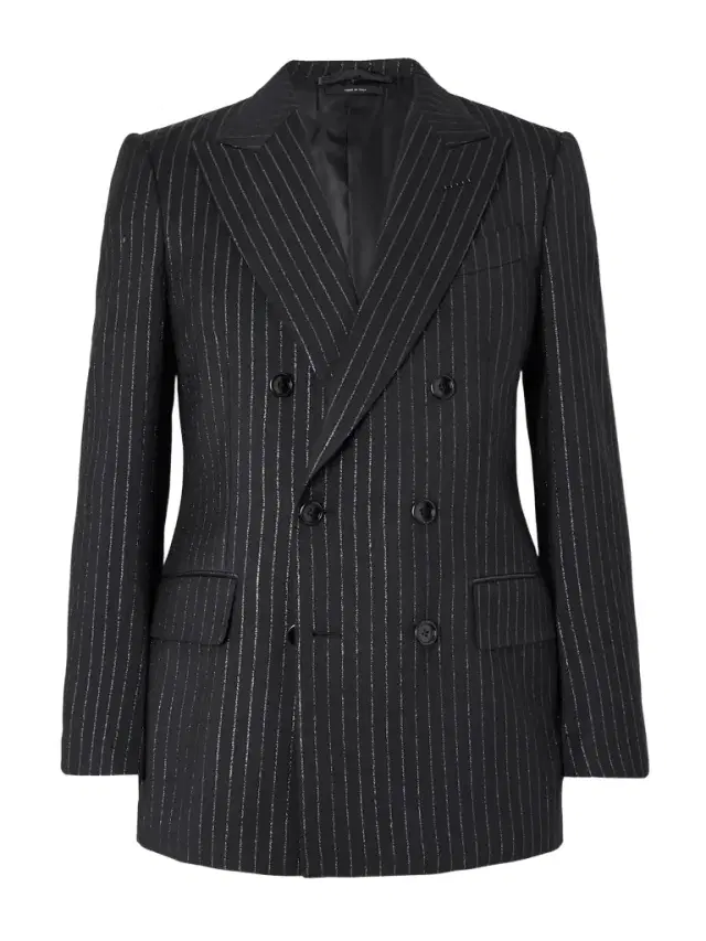 Dyllan Double-Breasted Striped Metallic Wool and Silk-Blend Suit Jacket - Men
