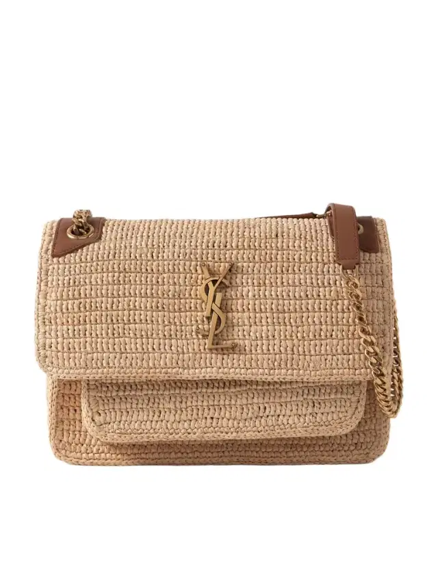 Niki Medium Leather-trimmed Raffia Shoulder Bag