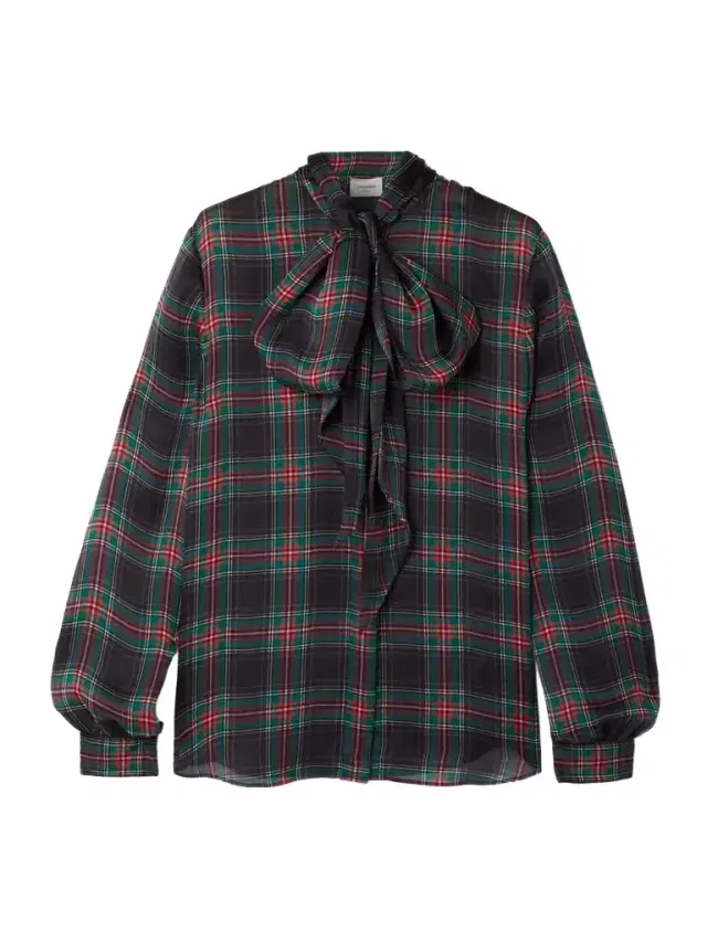 Pussy-bow Checked Silk-chiffon Blouse