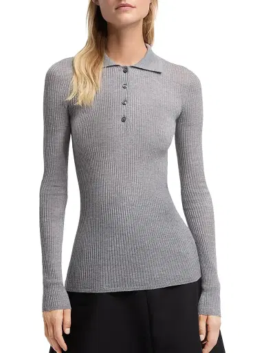 Moncler Women's Polo Shirt in Wool - Gray | Thumbnail 2 Moncler Women's Polo Shirt in Wool - Gray | Thumbnail 2
